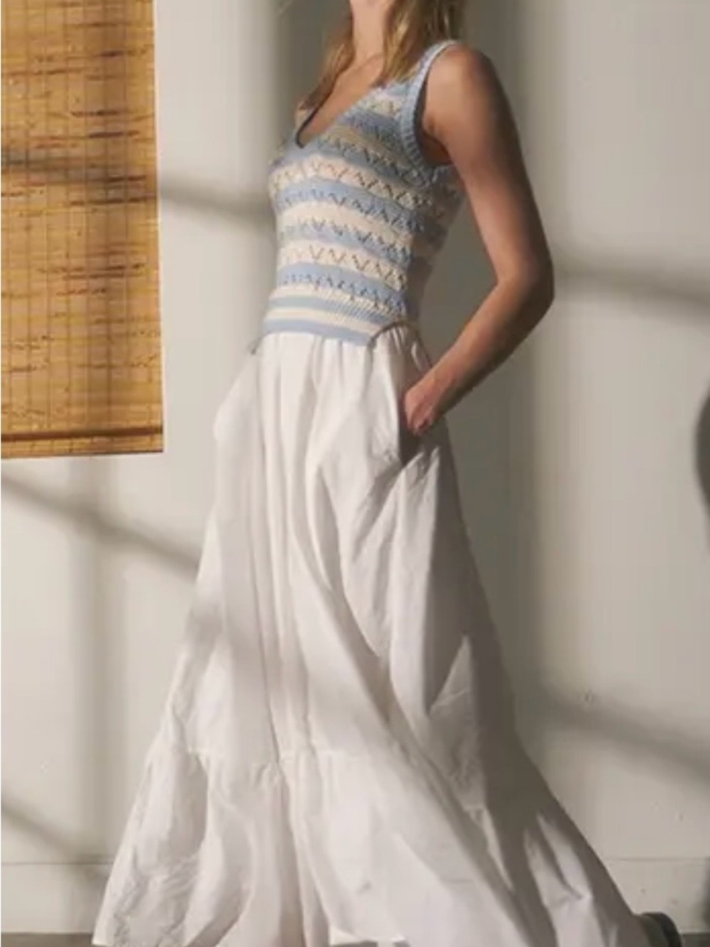 Elan White Maxi Dress with Light Blue Patterned Bodice